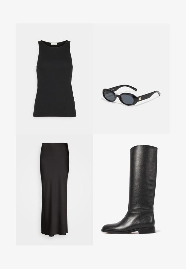 Svetloružový pletený cardigan s výstrihom do V, štyrmi gombíkmi na prednej strane a rebrovaným lemom a manžetami. Mäkkučká textura s voľným strihom.; Čierny bezrukávový top vyrobený z hladkého, ľahkého materiálu. Má zaoblený výstrih a priliehavý strih s minimom švíkov.; Čierna saténová sukňa až po zem s hladkou textúrou, priliehavým pásom a siluetou do A, bez viditeľných ozdôb alebo vzorov.; Čierna kožená čižma po kolená s textúrovaným povrchom, okrúhlou špičkou, hladkým zvrškom a nízkym stohovaným podpätkom. Minimalistický dizajn, žiadne viditeľné kovanie.; Čierne oválne slnečné okuliare s tmavými sklami, lesklý plastový rám, široké ramená a malý zlatý akcent na jednej strane.