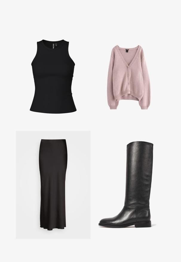 Jasnoróżowy sweter z dzianiny z dekoltem w kształcie V, z czterema guzikami z przodu oraz prążkowanymi mankietami i dolnym brzegiem. Miękka tekstura i luźny krój.; Czarny prążkowany top na ramiączkach z dopasowanym krojem, okrągłym dekoltem i bez rękawów. Wykonany z elastycznego materiału dla maksymalnego komfortu.; Czarna, sięgająca podłogi satynowa spódnica o gładkiej fakturze, dopasowana w talii i w kształcie litery A, bez widocznych zdobień lub wzorów.; Czarny skórzany kozak do kolan z teksturowanym wykończeniem, okrągłym noskiem, gładkim cholewką i niskim, klockowym obcasem. Minimalistyczny design, bez widocznych elementów metalowych.