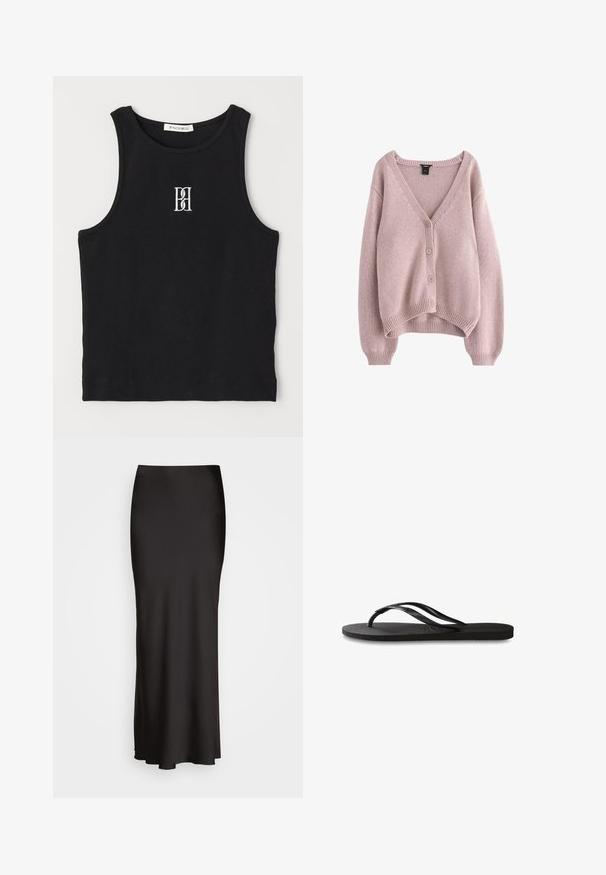 Gaiši rozā adīta veste ar V-veida kaklu, četri pogas priekšpusē un ribotām malām un piedurknēm. Mīksta tekstūra ar brīvu piegriezumu.; Melns ribots tvertnes tops ar apaļu kakla izgriezumu un baltu izšūtu logotipu. Raksturots ar pieguļošu siluetu un tīru, taisnu apakšmalu.; Melna, grīdas garuma satīna svārki ar gludu tekstūru, pieguļošu jostasvīru un A formas siluetu, bez redzamām rotājumiem vai rakstiem.; Melni čības ar teksturētu gumijas zoli, divām plānām siksniņām un smalku, iespiedotu logotipa detaļu uz siksniņas.