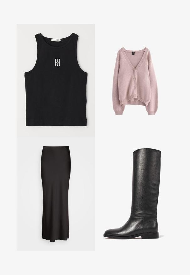 Svetloružový pletený cardigan s výstrihom do V, štyrmi gombíkmi na prednej strane a rebrovaným lemom a manžetami. Mäkkučká textura s voľným strihom.; Čierny rebrový tielko s okrúhlym výstrihom a vyšitým logom v bielej farbe. Materiál má hladkú textúru a priliehajúci strih.; Čierna saténová sukňa až po zem s hladkou textúrou, priliehavým pásom a siluetou do A, bez viditeľných ozdôb alebo vzorov.; Čierna kožená čižma po kolená s textúrovaným povrchom, okrúhlou špičkou, hladkým zvrškom a nízkym stohovaným podpätkom. Minimalistický dizajn, žiadne viditeľné kovanie.