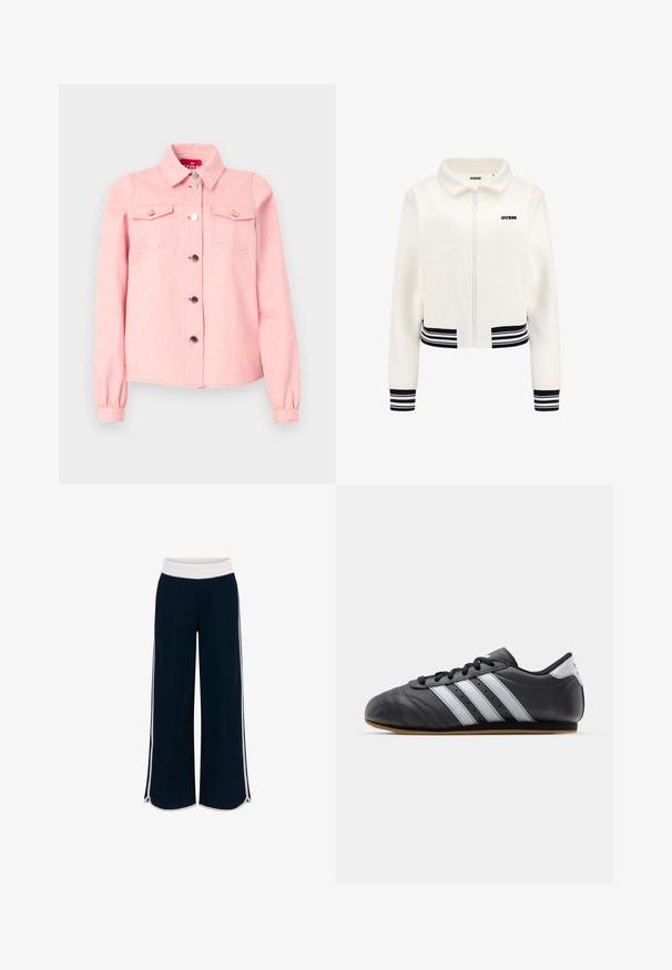 Biele fleecová bunda so zipsom vpredu, rebrované čierno-biele pruhy na rukávoch a pásiku. Na hrudi sa nachádza čierne logo "GUESS".; Svetloružová džínová bunda s dlhými rukávmi, špicatým golierom, dvoma vreckami na hrudi a striebornými cvokmi pozdĺž prednej strany. Mäkka textúra.; Námornícky široké nohavice s bielym elastickým pásom a kontrastnými bočnými pruhmi. Hladká textúra s voľným strihom a bočnými rozparkom na spodnom leme.; Čierne kožené športové topánky s bielymi pruhmi, okrúly špička, plochá podrážka a šnurovanie. Obsahujú perforácie pre lepšiu priedušnosť.