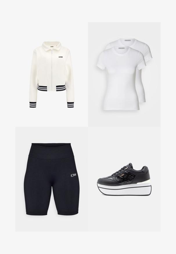 Giacca in pile bianca con zip frontale, polsini e vita a righe nero e bianco. Presenta un logo "GUESS" nero sul petto.; Due t-shirt bianche in cotone con maniche corte, scollatura rotonda e silhouette aderente, presentano una texture liscia e un design minimalista.; Pantaloni da ciclismo neri realizzati in tessuto elasticizzato con una vita alta. Presentano un piccolo logo bianco sulla coscia sinistra e una texture liscia.; Sneakers platform neri con finitura lucida, motivo a teschio in rilievo, accenti in metallo argentato e suola in gomma bianca.
