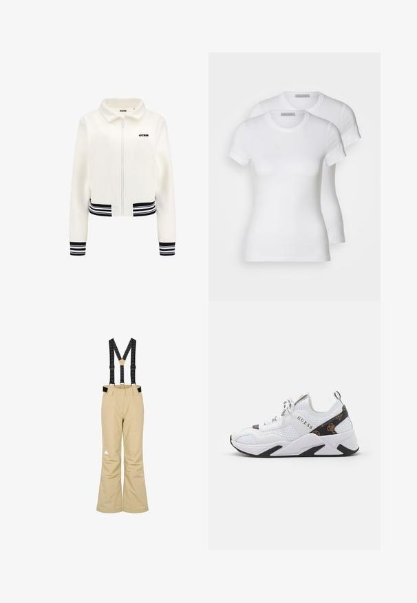 Bela flis jakna z zadrgo spredaj, rebrasti črno-beli trakovi na manšetah in pasu. Opremljena je s črnim logotipom "GUESS" na prsih.; Dve bele bombažne majice s kratkimi rokavi, okroglimi izrezi in prilegajočo silhueto, ki prikazujejo gladko teksturo in minimalističen dizajn.; Bež hlače za smučanje z črnimi nastavljivimi naramnicami in belim logotipom na spodnjem levem delu noge, zasnovane za zimske športe.; Bela teniska iz mrežaste in sintetične materiale, z črnimi in rjavimi poudarki, teksturiranimi bokovi in izpostavljenim logotipom. Guma podplat.