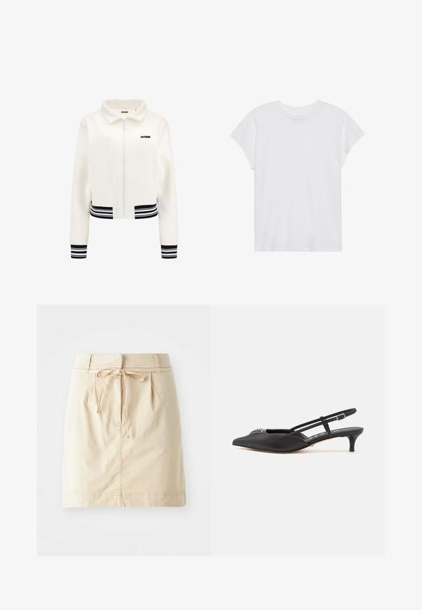 Bílý fleecový kabát se zipem vpředu, pružnými černobílými pruhovanými manžetami a pasem. Na hrudi se nachází černé logo "GUESS".; Bílá krátkosrstá tričko s kulatým výstřihem, volný střih, vyrobené z měkké bavlněné tkaniny. Hladký povrch, bez vzorů nebo log.; Khaki sukně vyrobená z lehkého materiálu s přiléhavým pasem, detailem na šňůrku, sklady a jemným prošíváním. Hladká textura.; Černé sandály s páskem za patou a špičatou špičkou, vyrobené z hladkého materiálu, se spodním podpatkem a dekorativním stříbrným akcentem na nártu.