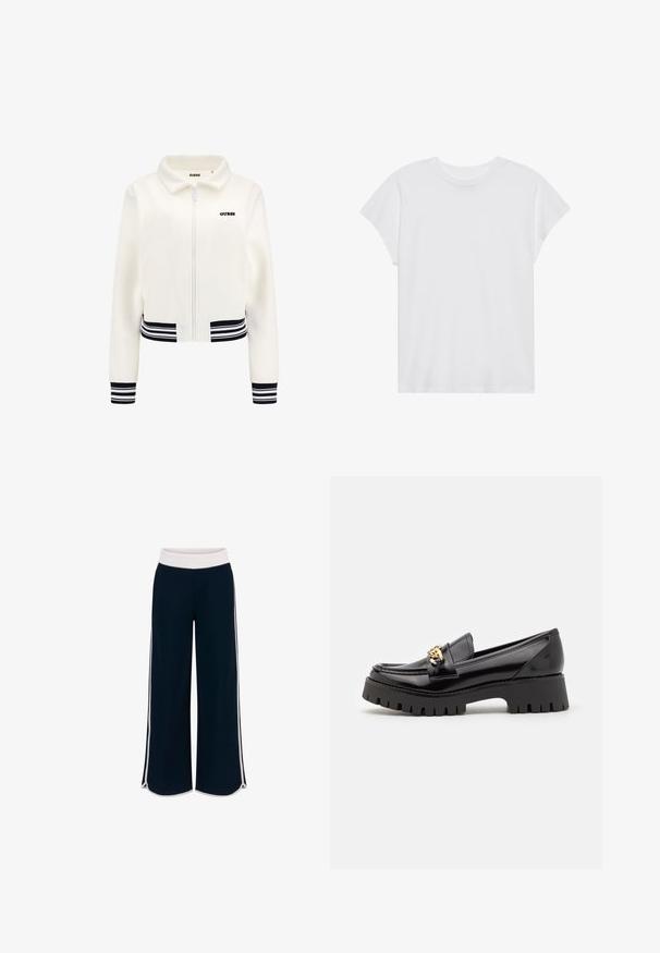 Bijela dukserica od flisa s rajfeslusa, rebrastim crno-bijelim prugastim rukavima i donjim dijelom. Ima crni "GUESS" logo na prsima.; Bijela majica kratkih rukava s okruglim izrezom, opuštenog kroja, izrađena od mekanog pamučnog materijala. Glatka tekstura, bez uzoraka ili logotipa.; Mornarske hlače širokih nogavica s bijelim elastičnim pojasom i kontrastnim bočnim trakama. Glatka tekstura s opuštenim krojem i bočnim prorezima na rubu.; Crne lakirane kožne mokasine s debelim, nazubljenim crnim đonom i zlatnim detaljem sprijeda. Glatka površina, klasičan dizajn.