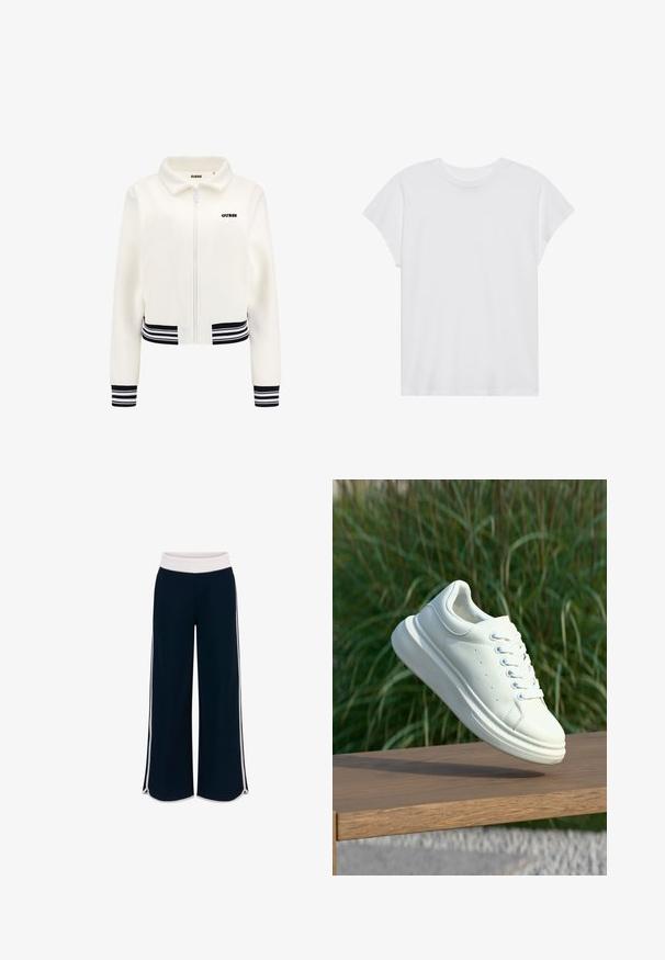 Giacca in pile bianca con zip frontale, polsini e vita a righe nero e bianco. Presenta un logo "GUESS" nero sul petto.; Maglietta bianca a maniche corte con collo rotondo, vestibilità rilassata, realizzata in morbido tessuto di cotone. Texture liscia, senza motivi né loghi.; Pantaloni a gamba larga blu con una cintura elastica bianca e strisce laterali a contrasto. Tessuto morbido con una vestibilità comoda e spacco laterale all'orlo.; Sneaker in pelle bianca con punta tonda, texture liscia e lacci a contrasto. Presenta fori di ventilazione e una suola spessa in gomma per il comfort.