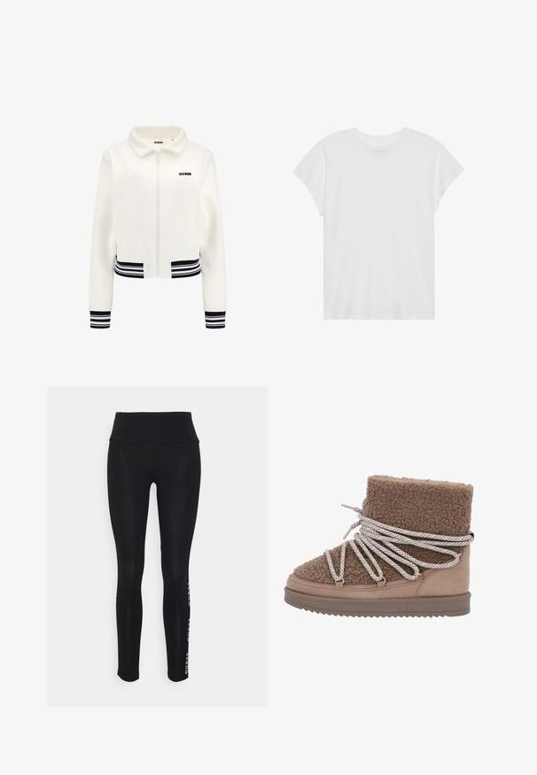 Witte fleece jack met een ritssluiting aan de voorkant, geribbelde zwart-wit gestreepte manchetten en tailleband. Heeft een zwart "GUESS" logo op de borst.; Witte t-shirt met korte mouwen, ronde hals, relaxte pasvorm, gemaakt van zacht katoen. Glad textuur, geen patronen of logo's.; Zwarte legging met een hoge taille, gemaakt van een soepele stof. Kenmerkt zich door een geprinte merklogo aan de zijkant. Ontworpen voor comfort en flexibiliteit.; Bruine shearling enkelboot met een gestructureerde bovenkant en contrasterend gladde suède paneel. Kenmerken omvatten brede, gegraveerde veters en een platte zool.