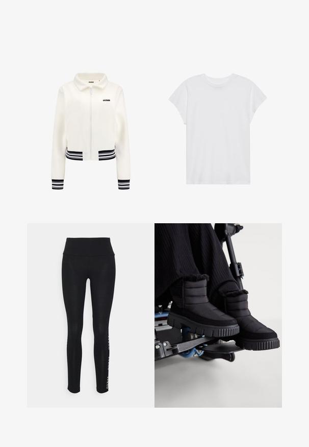 Hvid fleecejakke med lynlås foran, ribbede manchetter og talje i sort og hvid stribe. Har et sort "GUESS"-logo på brystet.; Hvid kortærmet t-shirt med rund hals, afslappet pasform, lavet af blødt bomuldsstof. Glat tekstur, ingen mønstre eller logoer.; Sorte leggings med høj talje, lavet af glat stof. Har et trykt brandlogo på siden. Designet til komfort og fleksibilitet.; Sorte vandtætte ankelstøvler med kviltet tekstur, blød pelskant og en tyk, robust sål, sat mod en baggrund af kørestol.