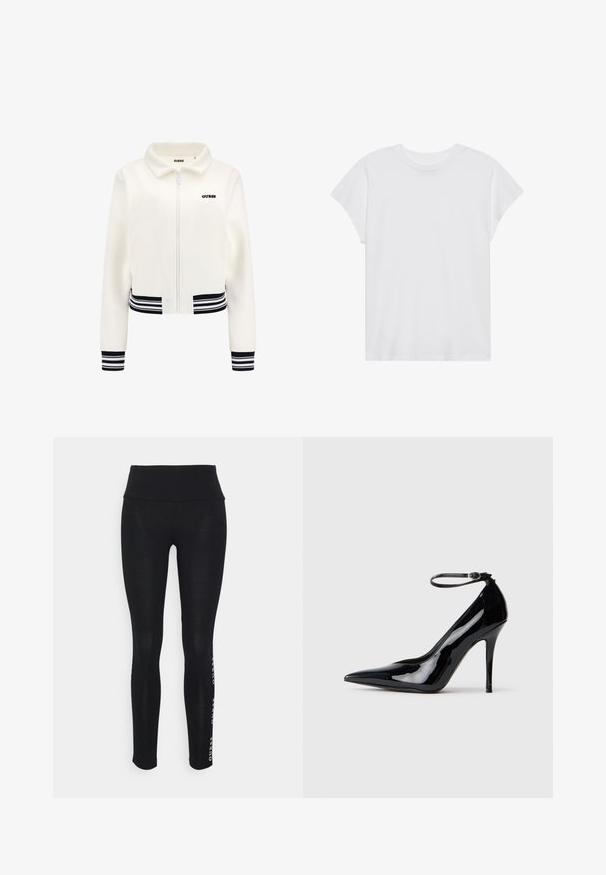 Bijela dukserica od flisa s rajfeslusa, rebrastim crno-bijelim prugastim rukavima i donjim dijelom. Ima crni "GUESS" logo na prsima.; Bijela majica kratkih rukava s okruglim izrezom, opuštenog kroja, izrađena od mekanog pamučnog materijala. Glatka tekstura, bez uzoraka ili logotipa.; Crne tajice s visokim strukom, izrađene od glatke tkanine. Imaju otisnut brend logo sa strane. Dizajnirane za udobnost i fleksibilnost.; Crne lakirane kožne štikle s uskim vrhom, remenom oko gležnja i elegantnim, sjajnim finišem. Stiletto peta upotpunjuje sofisticirani dizajn.