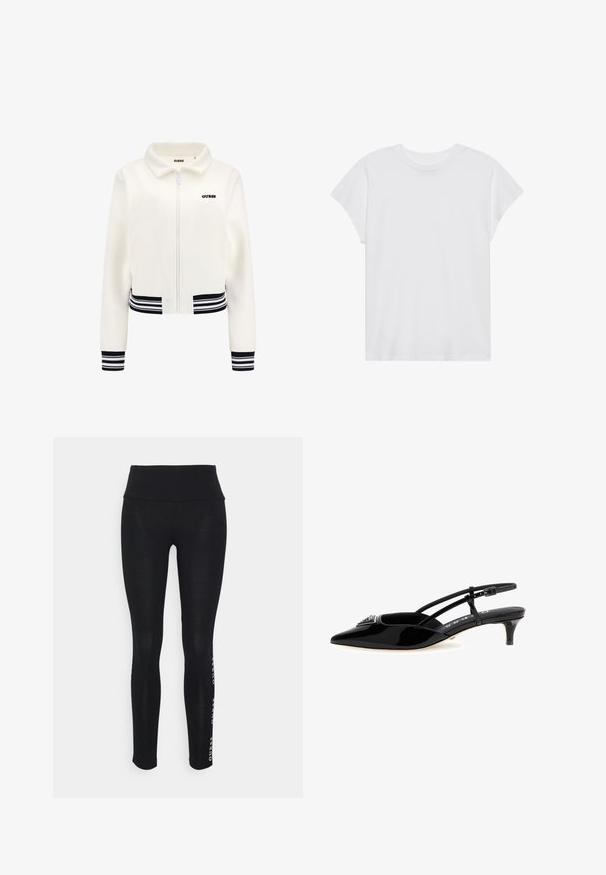 Balta pūkinė striukė su užtrauktuku priekyje, juodai baltomis dryžuotomis rankogaliais ir juosmeniu. Krūtinėje yra juodas „GUESS“ logotipas.; Balta trumpų rankovių marškinėliai su apvalia iškirpte, laisvo kirpimo, pagaminti iš minkštos medvilnės. Lygi tekstūra, be raštų ar logotipų.; Juodos leggingai su aukštu liemeniu, pagaminti iš lygios medžiagos. Yra spausdintas prekės ženklo logotipas šone. Sukurti komfortui ir lankstumui.; Juodas patentinės odos slingback kulnas, smailas pirštas, plona kulkšnies juostelė su sagtimi, mažas kulnas ir dekoratyvinis papuošimas ant vampo.