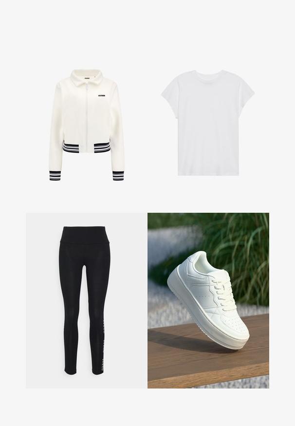 White fleece jacket with a zip front, ribbed black and white striped cuffs, and waistband. Features a black "GUESS" logo on the chest.; White short-sleeve t-shirt with a round neck, relaxed fit, made of soft cotton fabric. Smooth texture, no patterns or logos.; Black leggings with a high waist, made of smooth fabric. Features a printed brand logo on the side. Designed for comfort and flexibility.; White leather sneaker with flat sole, rounded toe, and perforated accents. Features a lace-up front and minimalistic design on a wooden surface.