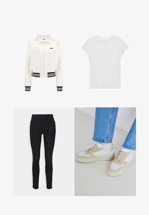 Balta vilnas jakas ar priekšējām rāvējslēdzēja aizdares, ribotām melnbaltām striķēm uz piedurknēm un jostu. Uz krūtīm ir melns "GUESS" logotips.; Balta īsām piedurknēm T-kreklā ar apaļu kakla izgriezumu, brīvā griezumā, izgatavota no mīksta kokvilnas auduma. Gluda tekstūra, bez rakstiem vai logo.; Melni legingi ar augstu jostu, izgatavoti no gludas auduma. Ar drukātu zīmola logotipu sānos. Izstrādāti ērtībai un elastībai.; Balti un bēši sporta apavi ar perforētu detaļu, gludu ādas virsu un biezu gumijas zoli. Saskaņoti ar gaiši ziliem džinsiem.