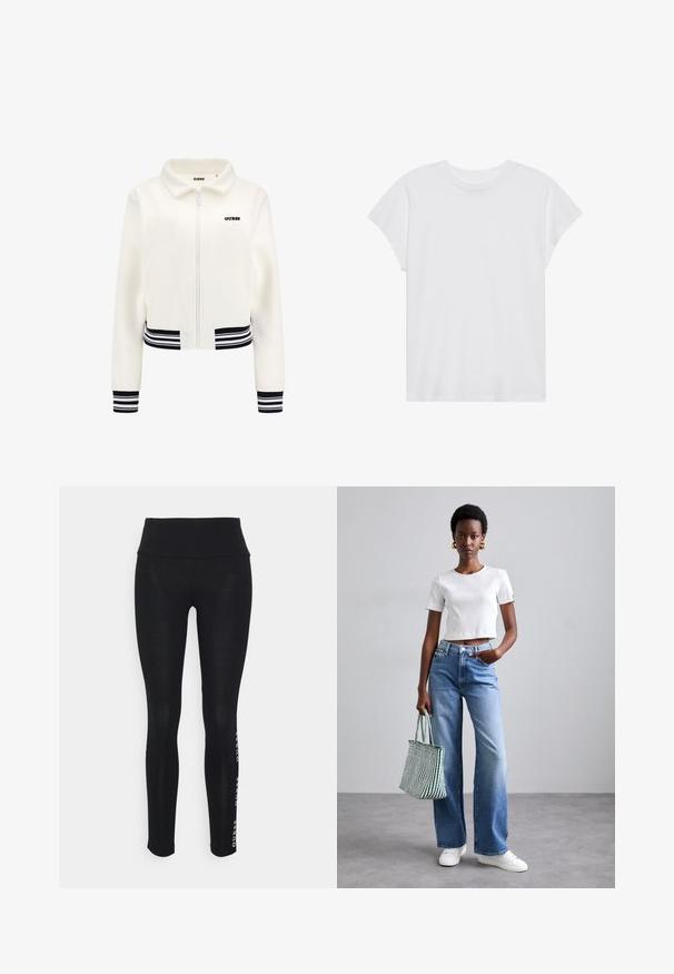 Giacca in pile bianca con zip frontale, polsini e vita a righe nero e bianco. Presenta un logo "GUESS" nero sul petto.; Maglietta bianca a maniche corte con collo rotondo, vestibilità rilassata, realizzata in morbido tessuto di cotone. Texture liscia, senza motivi né loghi.; Leggings neri con vita alta, realizzati in tessuto morbido. Presentano un logo del brand stampato sul lato. Progettati per comfort e flessibilità.; T-shirt cropped bianco a costine, jeans a gamba larga blu chiaro e sneakers bianche. Tiene una borsa a tracolla a righe verdi e bianche.