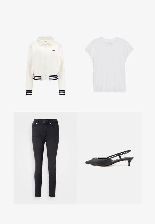 Bela flis jakna z zadrgo spredaj, rebrasti črno-beli trakovi na manšetah in pasu. Opremljena je s črnim logotipom "GUESS" na prsih.; Bela kratka majica s kratkimi rokavi in okroglim izrezom, sproščenega kroja, izdelana iz mehkega bombažnega materiala. Gladka tekstura, brez vzorcev ali logotipov.; Črne uske kavbojke iz denima s klasičnim pet-pocket dizajnom, ki vključuje sprednje zapiranje s gumbom in subtilne detajle šivanja.; Črne slingback čevlje s koničastim nosom, izdelane iz gladkega materiala, z manjšim peto in dekorativnim srebrnim dodatkom na zgornjem delu.