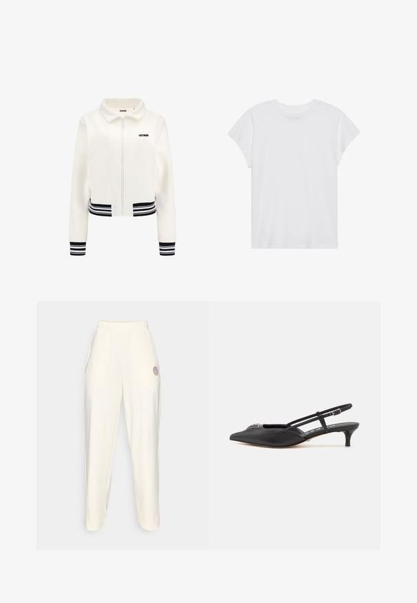 Fehér plüss kabát, elöl cipzárral, bordázott fekete-fehér csíkos mandzsettákkal és derékrészzel. A mellkasán fekete "GUESS" logó található.; Fehér, rövid ujjú póló, kerek nyakkivágással, laza szabású, puha pamut anyagból készült. Sima felület, nincs rajta minta vagy logó.; Krém színű melegítőnadrág elasztikus derékkal, szűkülő lábakkal és egy kis kör alakú logóval a bal combján. Sima textúra.; Fekete, sarokba húzós cipők, hegyes orral, sima anyagból készült, kis sarokkal és díszes ezüst részlettel a lábfej részen.