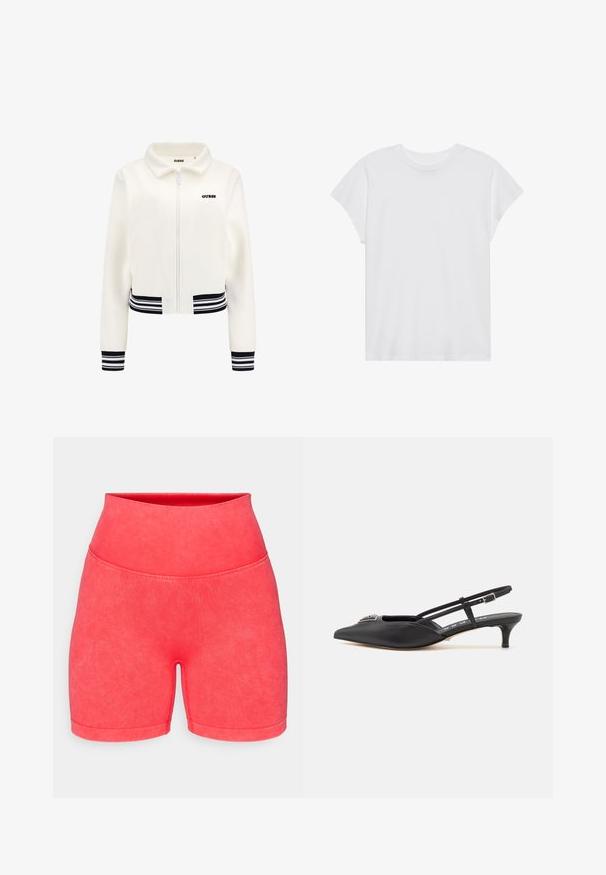 Giacca in pile bianca con zip frontale, polsini e vita a righe nero e bianco. Presenta un logo "GUESS" nero sul petto.; Maglietta bianca a maniche corte con collo rotondo, vestibilità rilassata, realizzata in morbido tessuto di cotone. Texture liscia, senza motivi né loghi.; Pantaloni sportivi rosa con vita alta, realizzati in un materiale liscio e elastico. Presentano un colore uniforme e un design senza cuciture, senza decorazioni.; Scarpe slingback nere con punta appuntita, realizzate in materiale liscio, dotate di un tacco basso e di un accento decorativo argentato sul davanti.