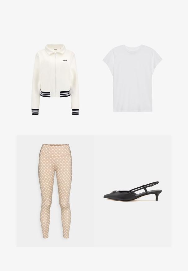 Bijela dukserica od flisa s rajfeslusa, rebrastim crno-bijelim prugastim rukavima i donjim dijelom. Ima crni "GUESS" logo na prsima.; Bijela majica kratkih rukava s okruglim izrezom, opuštenog kroja, izrađena od mekanog pamučnog materijala. Glatka tekstura, bez uzoraka ili logotipa.; Bež tajice s ponavljajućim bijelim geometrijskim uzorkom, s visokim pojasom i prilagođenim dizajnom, izrađene od meke rastezljive tkanine.; Crne slingback cipele s oštrim vrhom, izrađene od glatkog materijala, sa malim potpeticama i dekorativnim srebrnim detaljem na gornjem dijelu.