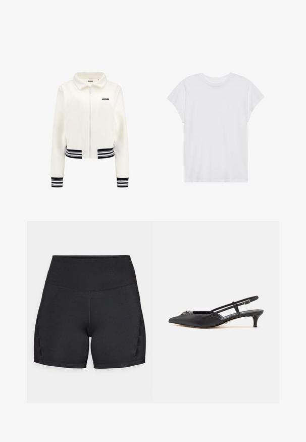 Jachetă albă din fleecă cu fermoar în față, cu manșete și talie cu dungi negre și albe. Prezintă un logo „GUESS” negru pe piept.; Tricou scurt alb, cu mânecă scurtă și guler rotund, cu o croială relaxată, realizat dintr-un material din bumbac moale. Textură netedă, fără modele sau logo-uri.; Shorts atletici negri, cu talie înaltă, textură netedă și detalii laterale cu decupaje pentru ventilație. Construcție fără cusături pentru confort.; Pantofi slingback negri cu vârf ascuțit, realizați dintr-un material neted, având un toc mic și un accent decorativ argintiu pe pieptul piciorului.