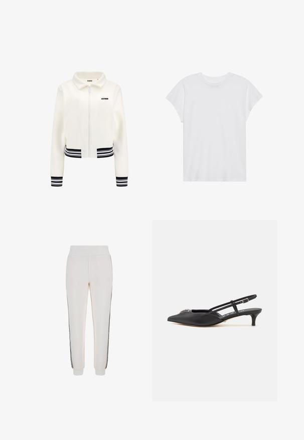 Balta vilnas jakas ar priekšējām rāvējslēdzēja aizdares, ribotām melnbaltām striķēm uz piedurknēm un jostu. Uz krūtīm ir melns "GUESS" logotips.; Balta īsām piedurknēm T-kreklā ar apaļu kakla izgriezumu, brīvā griezumā, izgatavota no mīksta kokvilnas auduma. Gluda tekstūra, bez rakstiem vai logo.; Baltas sporta bikses, kas izgatavotas no mīksta auduma, ar ribotu jostasvietu un melnām sānu svītrām, ar logotipa detaļu priekšpusē.; Melnas slingback apavus ar smailu purngalu, izgatavoti no gludas materiāla, ar mazu papēdi un dekoratīvu sudraba akcentu uz priekšpuses.