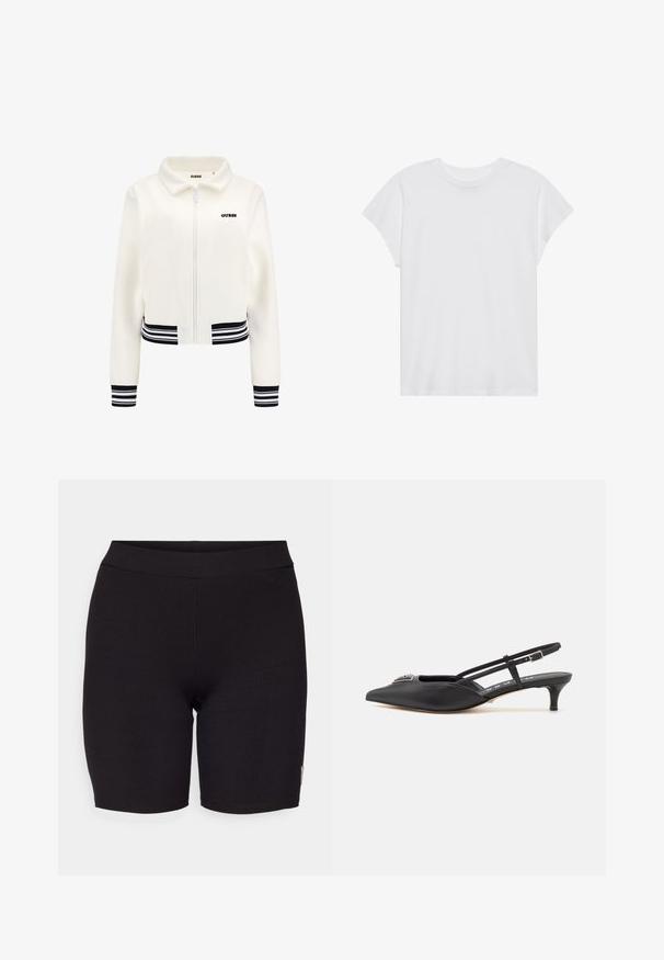 Valkoinen fleece-takki, jossa on vetoketju edessä, mustavalkoiset raidoitetut ribbikuvioidut hihansuut ja vyötärö. Takissa on musta 'GUESS'-logo rinnassa.; Valkoinen lyhythihainen t-paita, jossa on pyöreä kaula-aukko ja rento malli, valmistettu pehmeästä puuvillakankaasta. Suhteellisen sileä pinta, ilman kuvioita tai logoja.; Mustat ribbed pyöräilyshortsit kiinteällä muotoilulla ja sileällä vyötäröltä. Sisältää hienovaraisia saumoja ja pienen logo-tagin sivussa.; Mustat slingback-kengät, joissa on terävä kärki, valmistettu sileästä materiaalista, pieni korko ja koristeellinen hopeinen yksityiskohta kengän päällä.