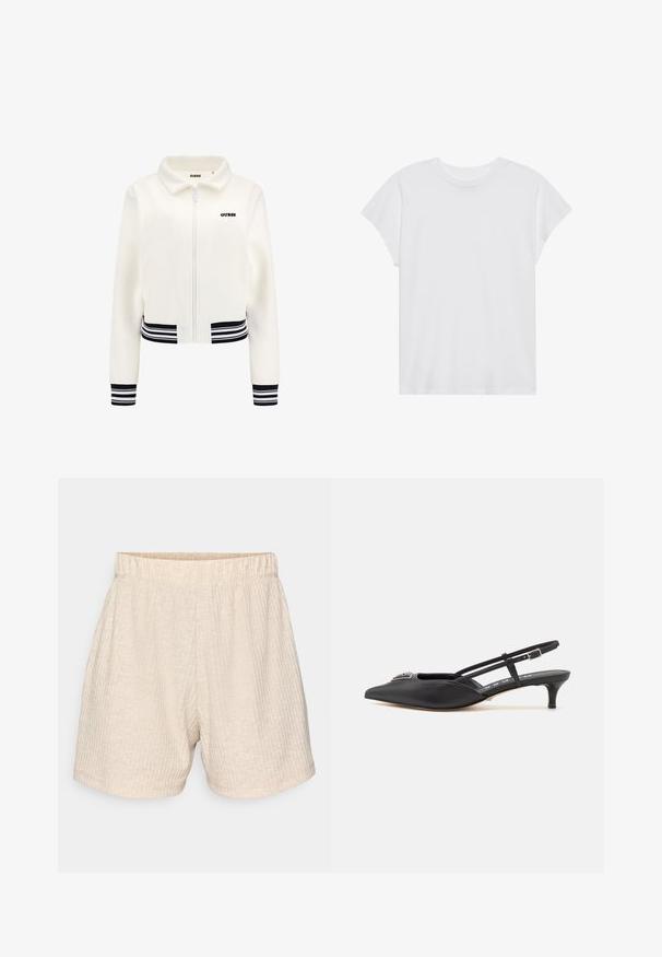Biele fleecová bunda so zipsom vpredu, rebrované čierno-biele pruhy na rukávoch a pásiku. Na hrudi sa nachádza čierne logo "GUESS".; Biela krátka rukávová tričko s okrúhlym výstrihom, voľný strih, vyrobené z jemnej bavlnenej látky. Hladká textúra, bez vzorov alebo log.; Béžové, textúrované šortky s elastickým pásom. Obsahujú jemné vertikálne pruhy a majú uvoľnený, rovný strih. Bez vreciek.; Čierne slingback topánky s ostrou špičkou, vyrobené z hladkého materiálu, so malým podpätkom a dekoratívnym strieborným akcentom na priehlavku.
