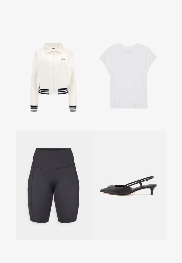 Witte fleece jack met een ritssluiting aan de voorkant, geribbelde zwart-wit gestreepte manchetten en tailleband. Heeft een zwart "GUESS" logo op de borst.; Witte t-shirt met korte mouwen, ronde hals, relaxte pasvorm, gemaakt van zacht katoen. Glad textuur, geen patronen of logo's.; Zwarte high-waisted fietsbroekjes gemaakt van rekbaar materiaal, met één zijzak, een gladde textuur en platte naden voor comfort.; Zwarte slingback schoenen met een puntige neus, gemaakt van glad materiaal, met een kleine hak en een decoratieve zilverkleurige accent op de wreef.