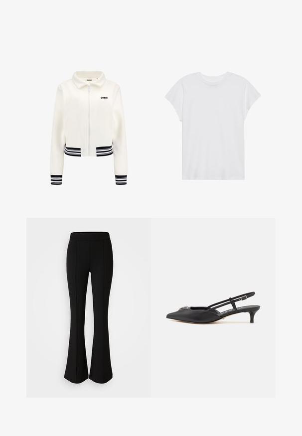 Bijela dukserica od flisa s rajfeslusa, rebrastim crno-bijelim prugastim rukavima i donjim dijelom. Ima crni "GUESS" logo na prsima.; Bijela majica kratkih rukava s okruglim izrezom, opuštenog kroja, izrađena od mekanog pamučnog materijala. Glatka tekstura, bez uzoraka ili logotipa.; Crne raširene hlače izrađene od rastezljivog materijala s glatkom teksturom, s detaljima šava uz prednju stranu koji dodaju dizajnerski efekt.; Crne slingback cipele s oštrim vrhom, izrađene od glatkog materijala, sa malim potpeticama i dekorativnim srebrnim detaljem na gornjem dijelu.