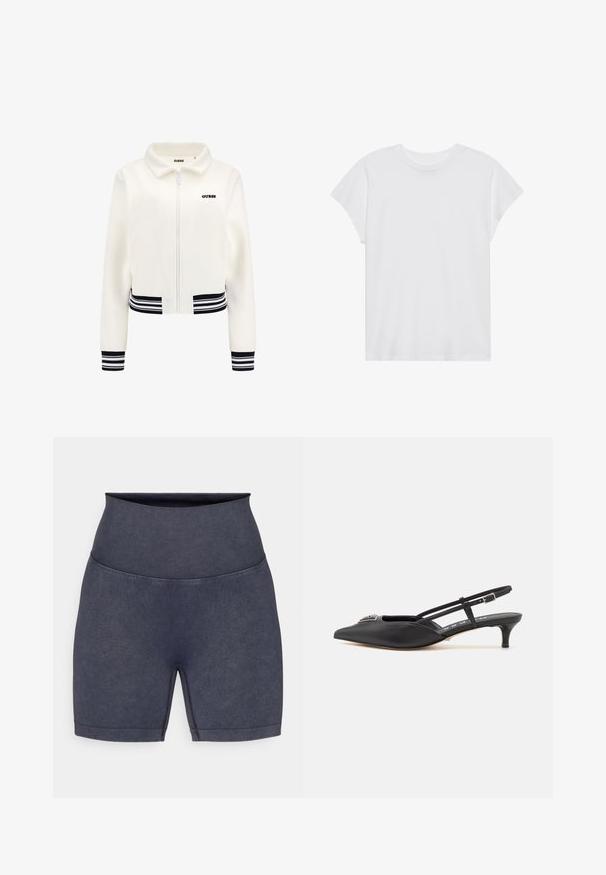 Bela flis jakna z zadrgo spredaj, rebrasti črno-beli trakovi na manšetah in pasu. Opremljena je s črnim logotipom "GUESS" na prsih.; Bela kratka majica s kratkimi rokavi in okroglim izrezom, sproščenega kroja, izdelana iz mehkega bombažnega materiala. Gladka tekstura, brez vzorcev ali logotipov.; Visoko pasovi, temno modri šortki, izdelani iz mehke, elastične tkanine z gladko teksturo in subtilnimi šivi ob šivih.; Črne slingback čevlje s koničastim nosom, izdelane iz gladkega materiala, z manjšim peto in dekorativnim srebrnim dodatkom na zgornjem delu.
