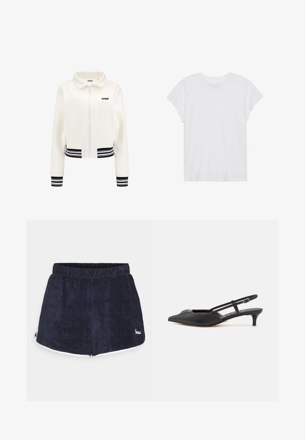 Balta pūkinė striukė su užtrauktuku priekyje, juodai baltomis dryžuotomis rankogaliais ir juosmeniu. Krūtinėje yra juodas „GUESS“ logotipas.; Balta trumpų rankovių marškinėliai su apvalia iškirpte, laisvo kirpimo, pagaminti iš minkštos medvilnės. Lygi tekstūra, be raštų ar logotipų.; Tamsiai mėlynos frotinės šortai su švelnia tekstūra, su balto spalvos apvadu ir mažuoju logotipu dešinėje apačioje. Lankstus juosmuo.; Juodi slingback batai su smailiu pirštu, pagaminti iš lygaus medžiagos, turintys mažą kulniuką ir dekoratyvų sidabrinį akcentą ant avikailio.