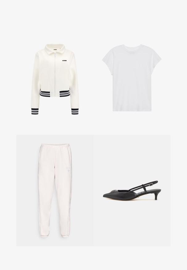 Chaqueta de forro polar blanca con cierre frontal, puños a rayas negras y blancas con relieve, y cinturilla. Presenta un logo negro de "GUESS" en el pecho.; Camiseta blanca de manga corta con cuello redondo, corte relajado, hecha de suave tela de algodón. Textura lisa, sin estampados ni logotipos.; Pantalones deportivos rosa claro hechos de una tela suave, con cinturilla elástica, rayas laterales y un pequeño logo en el muslo izquierdo.; Zapatos slingback negros con punta afilada, hechos de material suave, con un pequeño tacón y un acento decorativo plateado en el empeine.