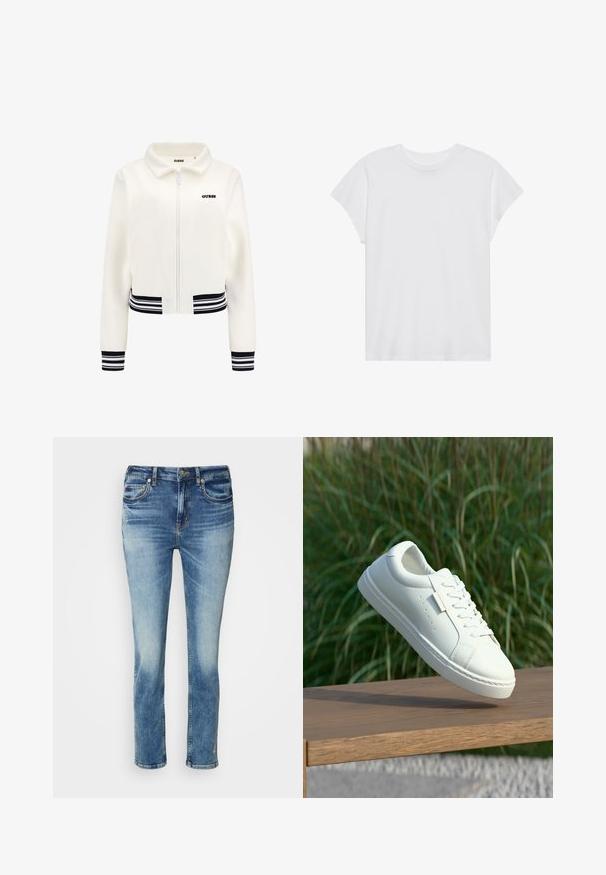 Vit fleecjacka med zip-förslutning, ribbade svart och vita randiga ärmslut och midja. Har en svart "GUESS"-logotyp på bröstet.; Vit kortärmad t-shirt med rund halsringning, avslappnad passform, tillverkad av mjukt bomullstyg. Slät textur, inga mönster eller logotyper.; Ljusblå denimjeans med rak bendesign, lätt blekning, femficksstil och subtil broderi vid fållen.; Vita lädersneakers med snörning svävande ovanför en träbänk, grön hög gräs suddig i bakgrunden utomhus.