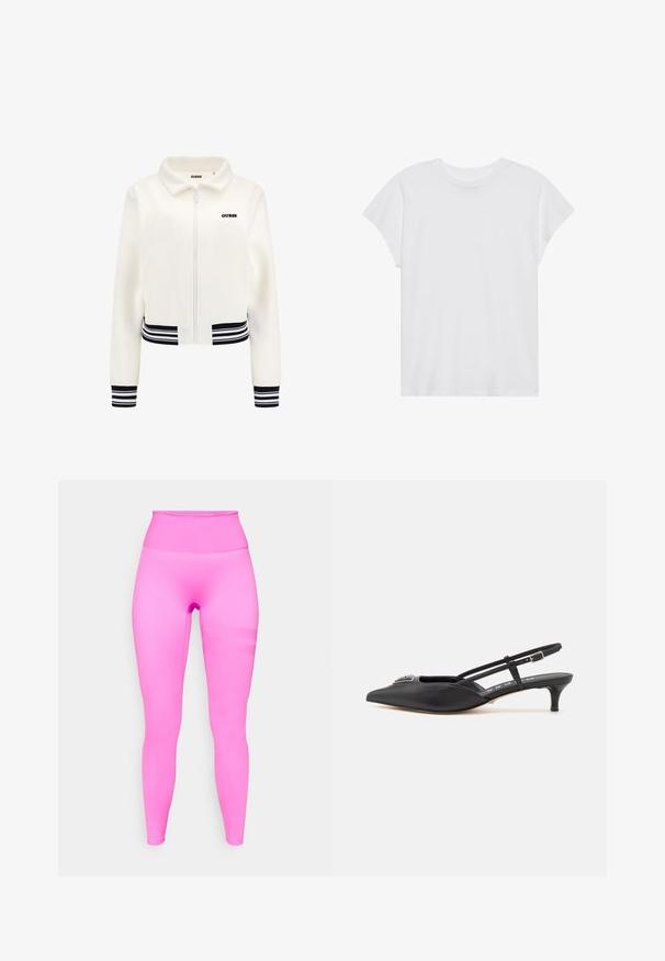 Hvid fleecejakke med lynlås foran, ribbede manchetter og talje i sort og hvid stribe. Har et sort "GUESS"-logo på brystet.; Hvid kortærmet t-shirt med rund hals, afslappet pasform, lavet af blødt bomuldsstof. Glat tekstur, ingen mønstre eller logoer.; Tætsiddende højtaljede leggings i levende pink. Glat, strækbart stof med en subtil tekstureret stribe detalje på siden.; Sorte slingback-sko med spids tå, lavet af glat materiale, med en lille hæl og en dekorativ sølvaccent på vamps.
