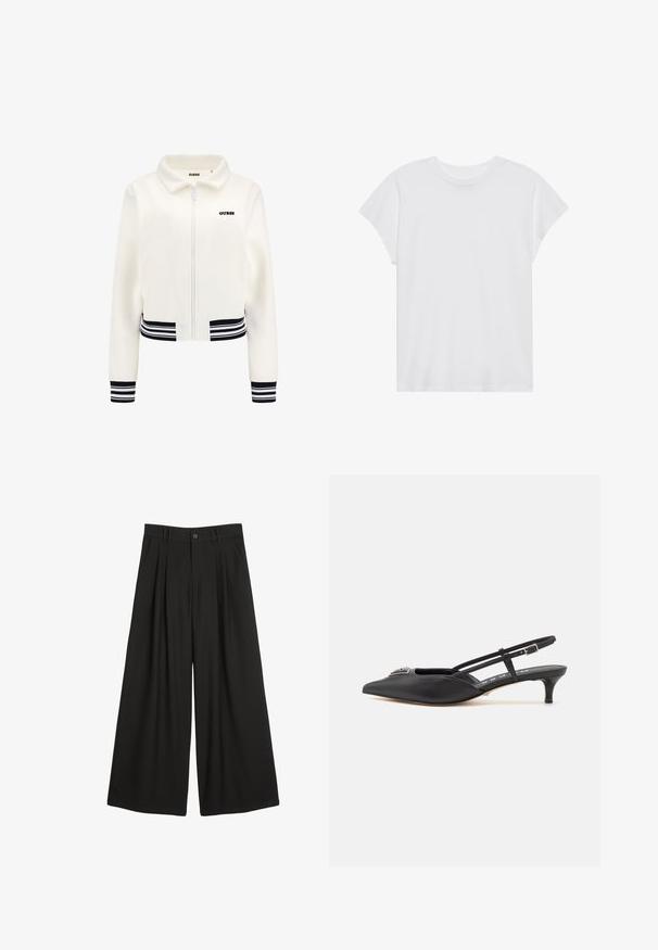 White fleece jacket with a zip front, ribbed black and white striped cuffs, and waistband. Features a black "GUESS" logo on the chest.; White short-sleeve t-shirt with a round neck, relaxed fit, made of soft cotton fabric. Smooth texture, no patterns or logos.; Black wide-leg trousers with front pleats, waistband with belt loops, and a single button closure. Smooth fabric with subtle texture.; Black slingback shoes with a pointed toe, made of smooth material, featuring a small heel and a decorative silver accent on the vamp.