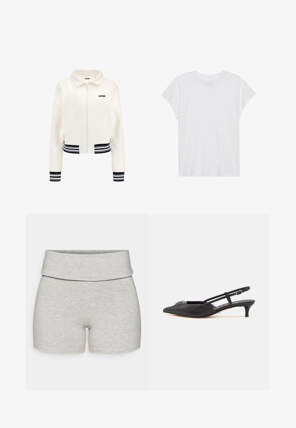 Giacca in pile bianca con zip frontale, polsini e vita a righe nero e bianco. Presenta un logo "GUESS" nero sul petto.; Maglietta bianca a maniche corte con collo rotondo, vestibilità rilassata, realizzata in morbido tessuto di cotone. Texture liscia, senza motivi né loghi.; Shorts in cotone grigio chiaro con una vita ampia e ripiegata. Texture liscia, forma aderente e senza tasche visibili o dettagli aggiuntivi.; Scarpe slingback nere con punta appuntita, realizzate in materiale liscio, dotate di un tacco basso e di un accento decorativo argentato sul davanti.