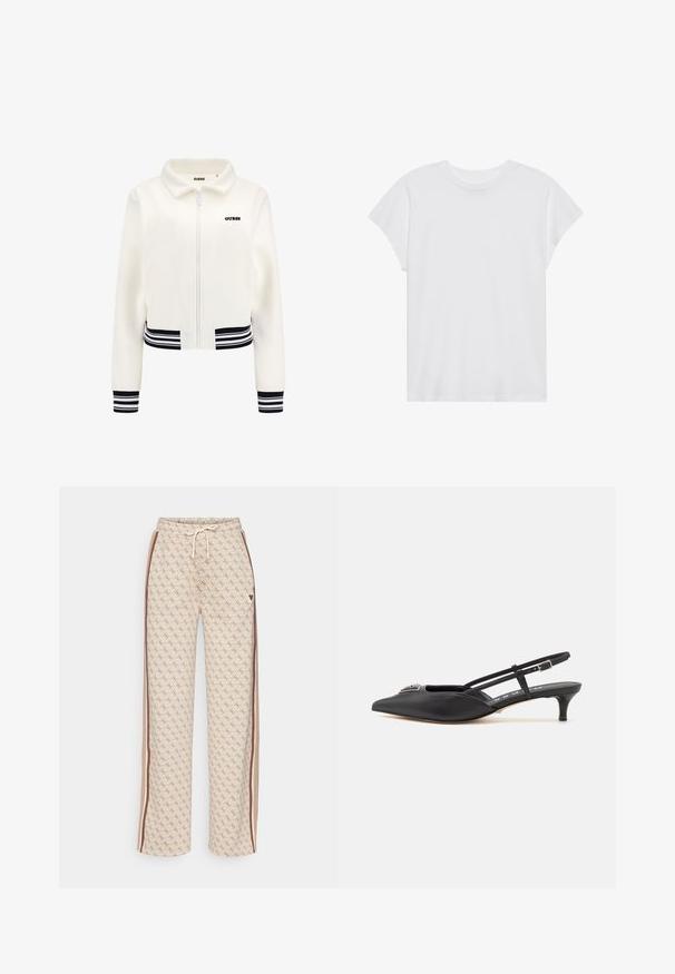 Bela flis jakna z zadrgo spredaj, rebrasti črno-beli trakovi na manšetah in pasu. Opremljena je s črnim logotipom "GUESS" na prsih.; Bela kratka majica s kratkimi rokavi in okroglim izrezom, sproščenega kroja, izdelana iz mehkega bombažnega materiala. Gladka tekstura, brez vzorcev ali logotipov.; Kremne hlače s vzorcem in vrvico v pasu, ki imajo diamantni print, rjave stranske črte in majhen črn logo.; Črne slingback čevlje s koničastim nosom, izdelane iz gladkega materiala, z manjšim peto in dekorativnim srebrnim dodatkom na zgornjem delu.