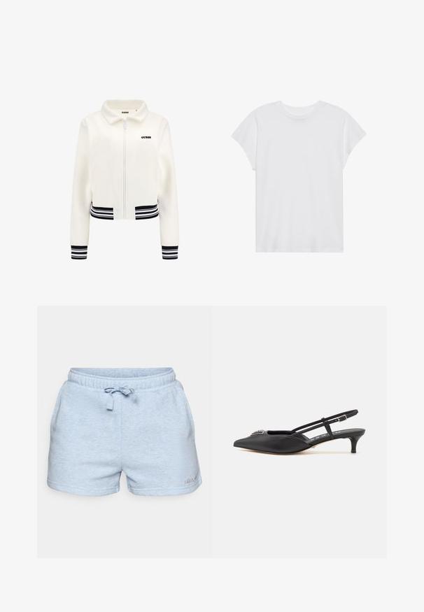 Valkoinen fleece-takki, jossa on vetoketju edessä, mustavalkoiset raidoitetut ribbikuvioidut hihansuut ja vyötärö. Takissa on musta 'GUESS'-logo rinnassa.; Valkoinen lyhythihainen t-paita, jossa on pyöreä kaula-aukko ja rento malli, valmistettu pehmeästä puuvillakankaasta. Suhteellisen sileä pinta, ilman kuvioita tai logoja.; Vaaleansiniset puuvillashortsit, joissa on joustava vyötärö, säädettävä nyöri ja sivutaskut. Rakenteellinen kangas, jossa on ommeltuja yksityiskohtia.; Mustat slingback-kengät, joissa on terävä kärki, valmistettu sileästä materiaalista, pieni korko ja koristeellinen hopeinen yksityiskohta kengän päällä.