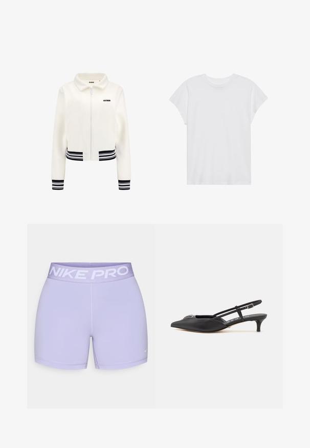 Giacca in pile bianca con zip frontale, polsini e vita a righe nero e bianco. Presenta un logo "GUESS" nero sul petto.; Maglietta bianca a maniche corte con collo rotondo, vestibilità rilassata, realizzata in morbido tessuto di cotone. Texture liscia, senza motivi né loghi.; Shorts sportivi lilla con una larga cintura elastica che presenta "NIKE PRO" in bianco. Realizzati in tessuto morbido ed elastico per garantire comfort.; Scarpe slingback nere con punta appuntita, realizzate in materiale liscio, dotate di un tacco basso e di un accento decorativo argentato sul davanti.