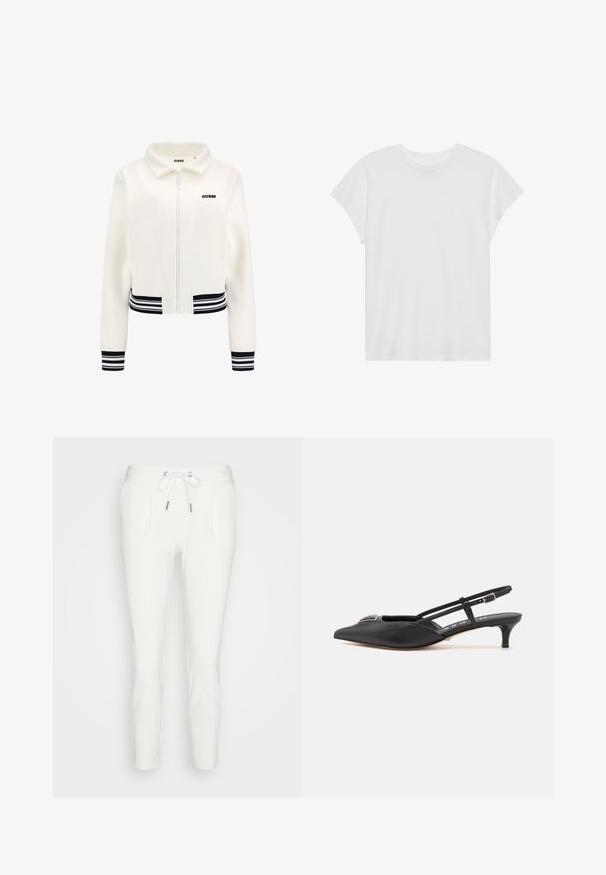 Weiße Fleecejacke mit Reißverschluss, gerippten schwarz-weißen Bündchen und Saum. Mit einem schwarzen "GUESS"-Logo auf der Brust.; Weißes kurzärmliges T-Shirt mit Rundhalsausschnitt, lockerer Passform, aus weichem Baumwollstoff. Glatte Textur, keine Muster oder Logos.; Weiße Sweatpants aus weichem Stoff, mit einer Kordelzug-Taille, zwei Seitentaschen und einer schmal zulaufenden Passform ohne sichtbare Muster oder Akzente.; Schwarze Slingback-Schuhe mit einer spitzen Zehe, aus glattem Material gefertigt, mit einem kleinen Absatz und einem dekorativen silbernen Akzent auf dem Blatt.