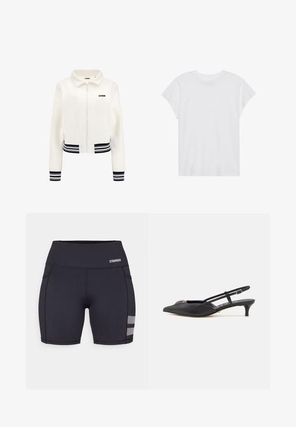 Biele fleecová bunda so zipsom vpredu, rebrované čierno-biele pruhy na rukávoch a pásiku. Na hrudi sa nachádza čierne logo "GUESS".; Biela krátka rukávová tričko s okrúhlym výstrihom, voľný strih, vyrobené z jemnej bavlnenej látky. Hladká textúra, bez vzorov alebo log.; Čierne športové šortky vyrobené zo strečového materiálu. Obsahujú ploché švy, vysoký pás a sieťovinové akcenty pri spodnom leme. Zobrazené logo značky.; Čierne slingback topánky s ostrou špičkou, vyrobené z hladkého materiálu, so malým podpätkom a dekoratívnym strieborným akcentom na priehlavku.