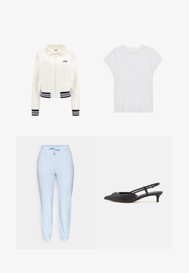 Bela flis jakna z zadrgo spredaj, rebrasti črno-beli trakovi na manšetah in pasu. Opremljena je s črnim logotipom "GUESS" na prsih.; Bela kratka majica s kratkimi rokavi in okroglim izrezom, sproščenega kroja, izdelana iz mehkega bombažnega materiala. Gladka tekstura, brez vzorcev ali logotipov.; Svetlo modri trenerki z elastičnim pasom in vrvico. Imajo stranske žepe in zožene obrobe pri gležnjih. Mehka tekstura tkanine.; Črne slingback čevlje s koničastim nosom, izdelane iz gladkega materiala, z manjšim peto in dekorativnim srebrnim dodatkom na zgornjem delu.