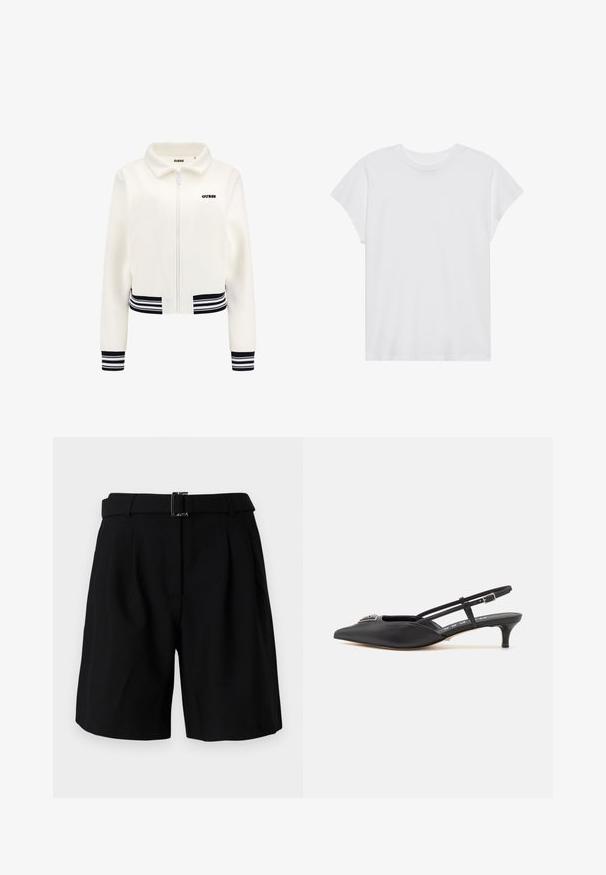 Fehér plüss kabát, elöl cipzárral, bordázott fekete-fehér csíkos mandzsettákkal és derékrészzel. A mellkasán fekete "GUESS" logó található.; Fehér, rövid ujjú póló, kerek nyakkivágással, laza szabású, puha pamut anyagból készült. Sima felület, nincs rajta minta vagy logó.; Fekete, szabott rövidnadrág sima textúrával, széles derékpánttal és fémből készült csattal. Szerkezeti kialakítás és pliszírozott elülső rész.; Fekete, sarokba húzós cipők, hegyes orral, sima anyagból készült, kis sarokkal és díszes ezüst részlettel a lábfej részen.