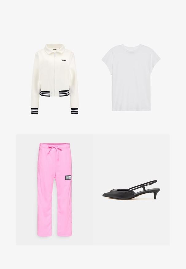 Balta pūkinė striukė su užtrauktuku priekyje, juodai baltomis dryžuotomis rankogaliais ir juosmeniu. Krūtinėje yra juodas „GUESS“ logotipas.; Balta trumpų rankovių marškinėliai su apvalia iškirpte, laisvo kirpimo, pagaminti iš minkštos medvilnės. Lygi tekstūra, be raštų ar logotipų.; Rožinės Nike treninginės kelnės su elastinga juosta, raišteliu, šoninėmis kišenėmis, snapais palei kojas ir juodai baltu logotipu ant šlaunies.; Juodi slingback batai su smailiu pirštu, pagaminti iš lygaus medžiagos, turintys mažą kulniuką ir dekoratyvų sidabrinį akcentą ant avikailio.
