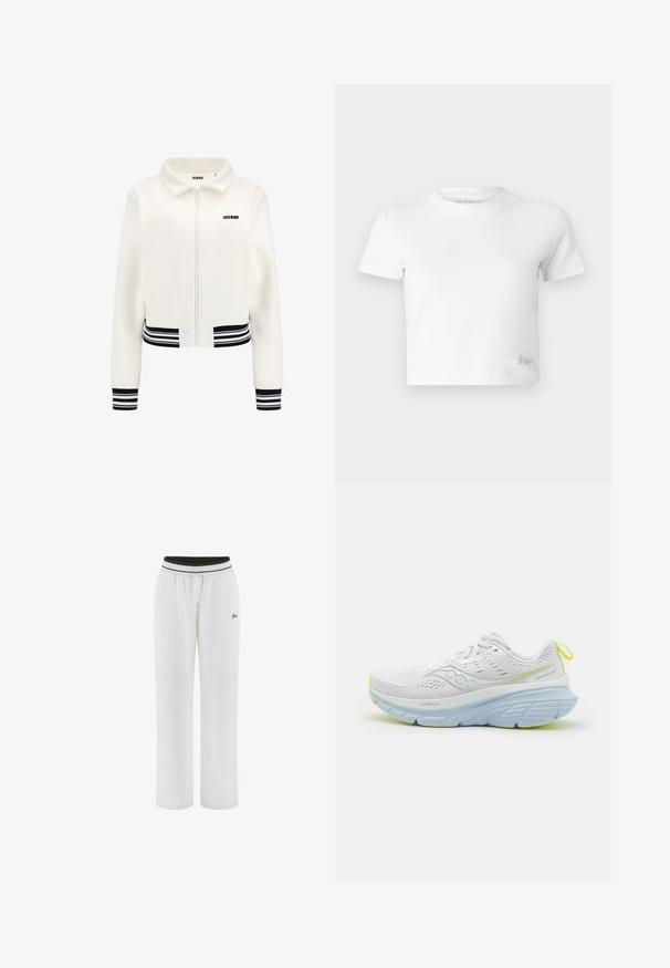 Biele fleecová bunda so zipsom vpredu, rebrované čierno-biele pruhy na rukávoch a pásiku. Na hrudi sa nachádza čierne logo "GUESS".; Biely croptop vyrobený z hladkej bavlny, s vysokým výstrihom a krátkymi rukávmi. Malé vyšívané logo v dolnom rohu.; Biele teplákové nohavice vyrobené z textúrovanej tkaniny, s naliehavým zeleným pásom na páse so bielymi pruhmi a malým logom na prednej strane.; Biele bežecké topánky s sieťovaným zvrškom, s svetlomodrými akcentmi a hrubou podrážkou. Pozoruhodné žlté detaily na podrážke a na pätke.