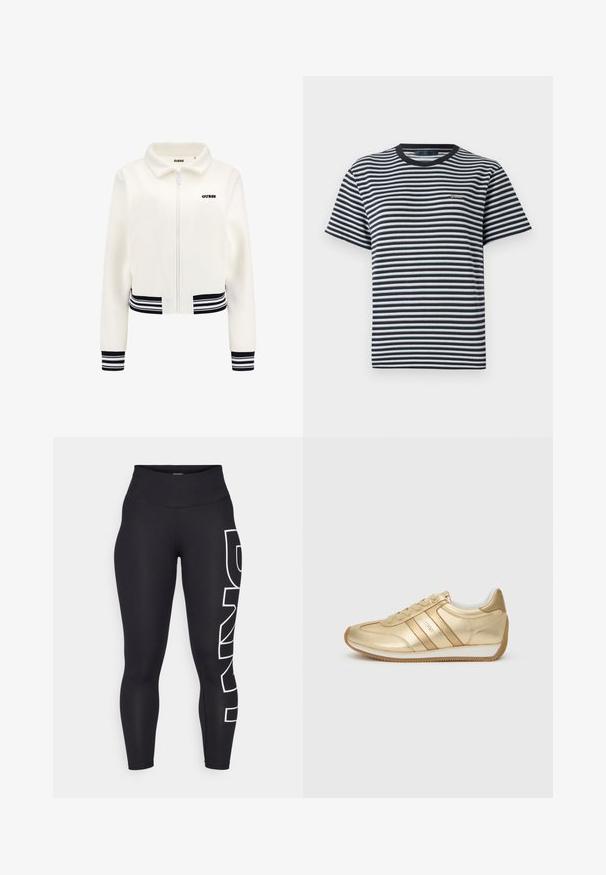 Giacca in pile bianca con zip frontale, polsini e vita a righe nero e bianco. Presenta un logo "GUESS" nero sul petto.; T-shirt a righe con strisce orizzontali bianche e nere, scollo a girocollo e maniche corte. Realizzato in tessuto morbido e leggero.; Leggings neri realizzati in tessuto elasticizzato con vita alta. Presentano un grande logo bianco stampato verticalmente sulla gamba sinistra. Texture liscia.; Sneaker in pelle dorata con punta rotonda, chiusura con lacci anteriore e strisce laterali. Presenta una suola bianca e dettagli testurizzati sul tallone.