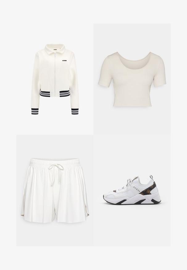 Balta vilnas jakas ar priekšējām rāvējslēdzēja aizdares, ribotām melnbaltām striķēm uz piedurknēm un jostu. Uz krūtīm ir melns "GUESS" logotips.; Īsām piedurknēm, apgriezts tops vieglā bēšā ribota auduma. Tam ir plaša apaļā izgriezuma kakla līnija un pieguloša piegriezuma forma, izceļot gludu tekstūru.; Balti kokvilnas šorti ar elastīgu jostasvīru, saistoša slēgšana un sānu pārslēgi kustībai. Gluda tekstūra un brīva piegriezuma.; Baltas sporta apavi ar sietu un sintētiskiem materiāliem, ar melniem un brūniem akcentiem, teksturētām malām un izteiktu logo. Gumijas zole.