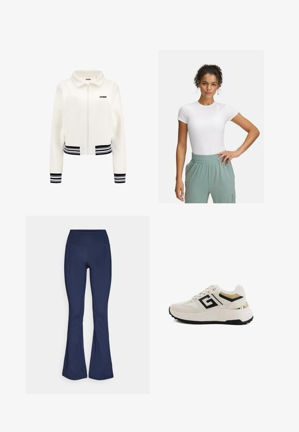 Weiße Fleecejacke mit Reißverschluss, gerippten schwarz-weißen Bündchen und Saum. Mit einem schwarzen "GUESS"-Logo auf der Brust.; Weißes, körpernahes T-Shirt mit kurzen Ärmeln, kombiniert mit hellgrünen Hosen mit elastischem Bund. Glatte Textur, minimalistisches Design und keine sichtbaren Muster.; Marineblaue, ausgestellte Leggings aus dehnbarem Stoff mit hohem Bund, glatter Textur und ohne sichtbare Muster oder Hardware-Details.; Beige Sportchuhe mit einer strukturierten Oberfläche, schwarzen Akzenten, goldenen Details an der Ferse und einer robusten schwarzen Sohle. Mit einem Logo an der Seite.