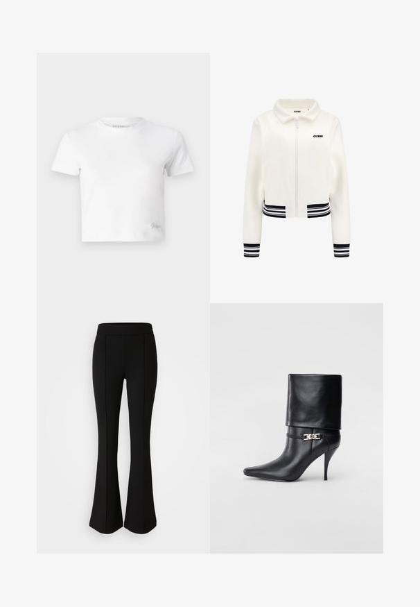 Weiße Fleecejacke mit Reißverschluss, gerippten schwarz-weißen Bündchen und Saum. Mit einem schwarzen "GUESS"-Logo auf der Brust.; Weißes, kurzes T-Shirt aus glattem Baumwoll-Stoff mit hohem Ausschnitt und kurzen Ärmeln. Kleines besticktes Logo in der unteren Ecke.; Schwarze, ausgestellte Hose aus einem dehnbaren Material mit glatter Textur, ausgestattet mit Nahtdetails an der Vorderseite für ein zusätzliches Designelement.; Schwarze Leder-Ankle-Boots mit spitzer Zehenpartie, hohen Stiletto-Absätzen, umgeschlagenem Schaft und einem goldenen dekorativen Schnallen-Detail an der Knöchel.