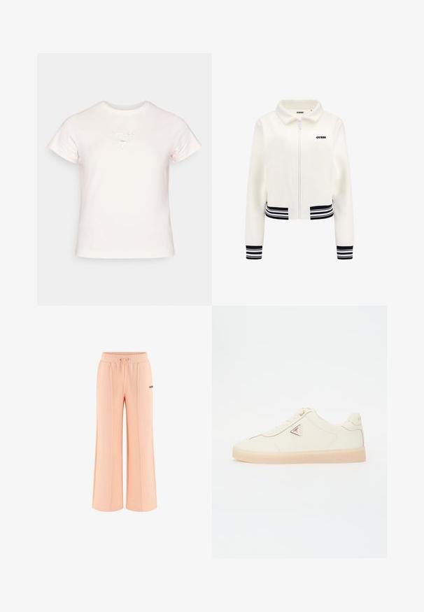 Balta pūkinė striukė su užtrauktuku priekyje, juodai baltomis dryžuotomis rankogaliais ir juosmeniu. Krūtinėje yra juodas „GUESS“ logotipas.; Šviesiai rožinė trumpomis rankovėmis marškinėliai, pagaminti iš medvilnės. Priekyje yra iškilęs GUESS logotipas ir klausimo ženklo dizainas. Paprastas ir prigludęs stilius.; Palazzo stiliaus kelnės, pagamintos iš minkštos persiko spalvos medžiagos, su elastinga juosmens juosta, virvele ir "GUB" logotipu kairėje pusėje. Sklandi tekstūra.; Kreminės spalvos odinės sportbačiai su apvaliu priekiniu galiuku, plokščiu padu, toniniu siuvinėjimu, raištelių uždarymu ir logotipo akcentu šone.