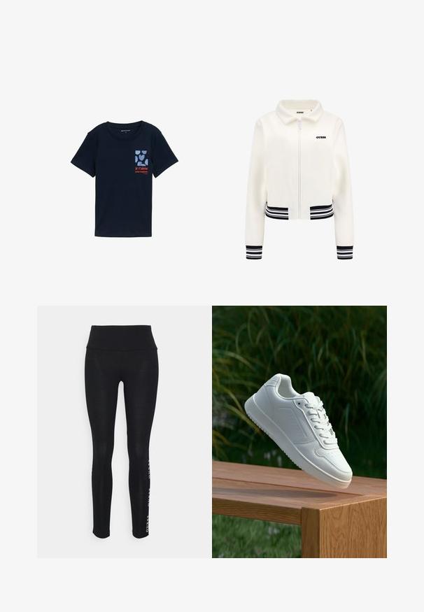 Bijela dukserica od flisa s rajfeslusa, rebrastim crno-bijelim prugastim rukavima i donjim dijelom. Ima crni "GUESS" logo na prsima.; Tamna plava pamučna majica s kratkim rukavima, s grafičkim printom srca i natpisom "je t'aime pour toujours" u crvenoj boji.; Crne tajice s visokim strukom, izrađene od glatke tkanine. Imaju otisnut brend logo sa strane. Dizajnirane za udobnost i fleksibilnost.; Bijela tenisica sa glatkim sintetičkim gornjim dijelom, perforiranim prednjim dijelom, ravnim vezicama i teksturiranom potplatom, prikazana na drvenoj površini.