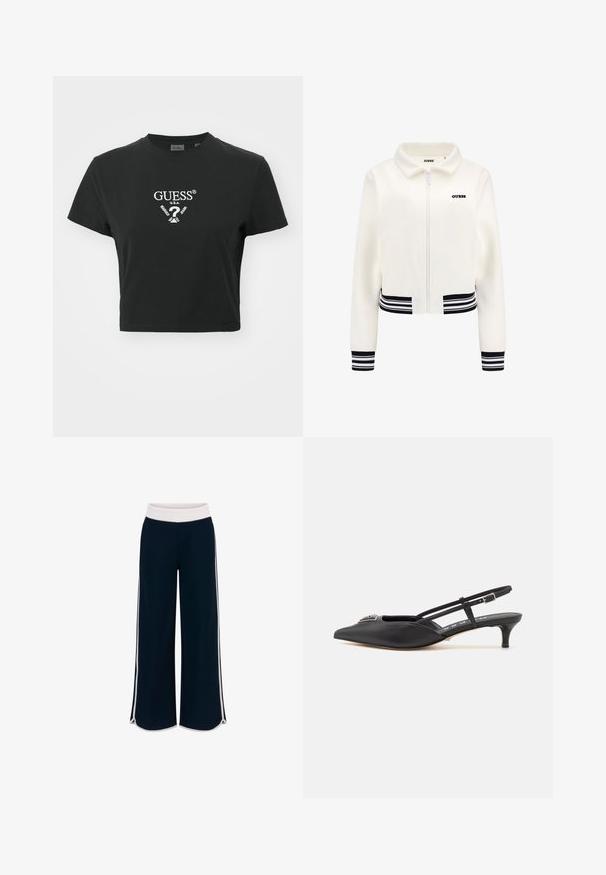 Biele fleecová bunda so zipsom vpredu, rebrované čierno-biele pruhy na rukávoch a pásiku. Na hrudi sa nachádza čierne logo "GUESS".; Čierne skrátené tričko vyrobené z bavlny, s bielym logom a textovým dizajnom GUESS® na prednej strane. Krátke rukávy a okrúhly výstrih.; Námornícky široké nohavice s bielym elastickým pásom a kontrastnými bočnými pruhmi. Hladká textúra s voľným strihom a bočnými rozparkom na spodnom leme.; Čierne slingback topánky s ostrou špičkou, vyrobené z hladkého materiálu, so malým podpätkom a dekoratívnym strieborným akcentom na priehlavku.